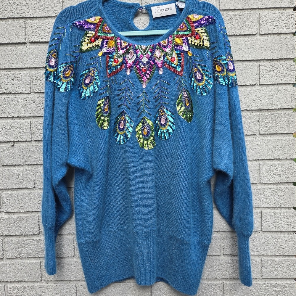 Vintage Cedars Beaded Sequin Holiday Sweater M Blue Angora Silk 80s Party Glam